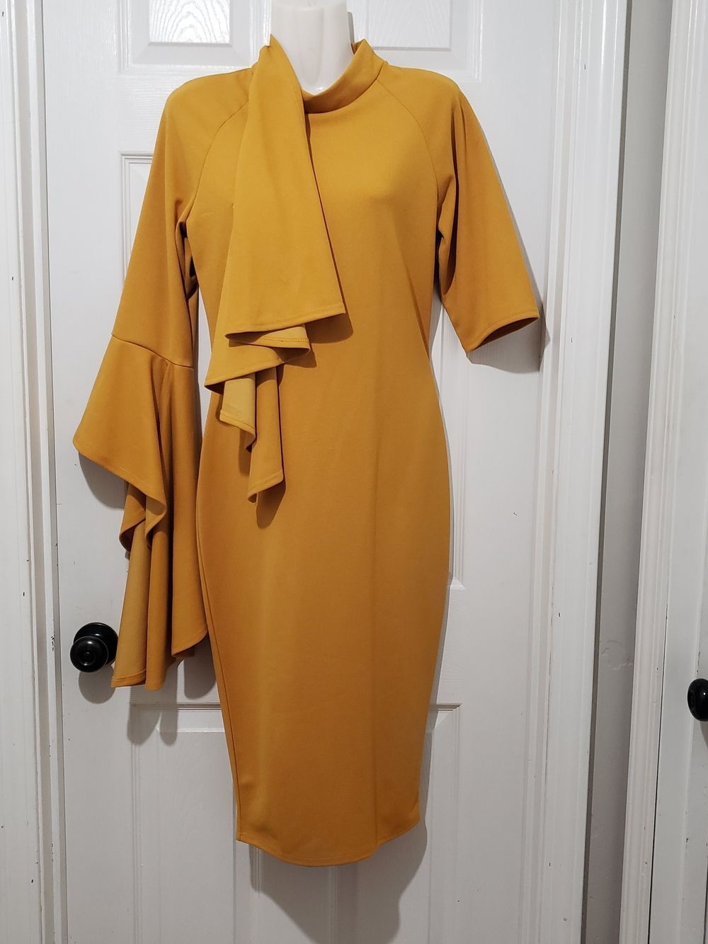 Sexy Diva | Mustard Yellow Asymmetric Ruffle Sleeve Midi Dress | Womens Small